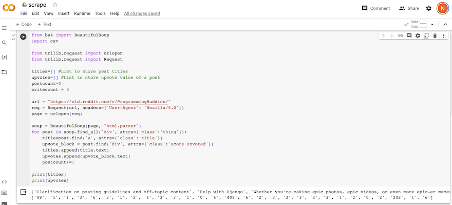 a screenshot of trying out a scrape, looking at titles and upvotes of the subreddit