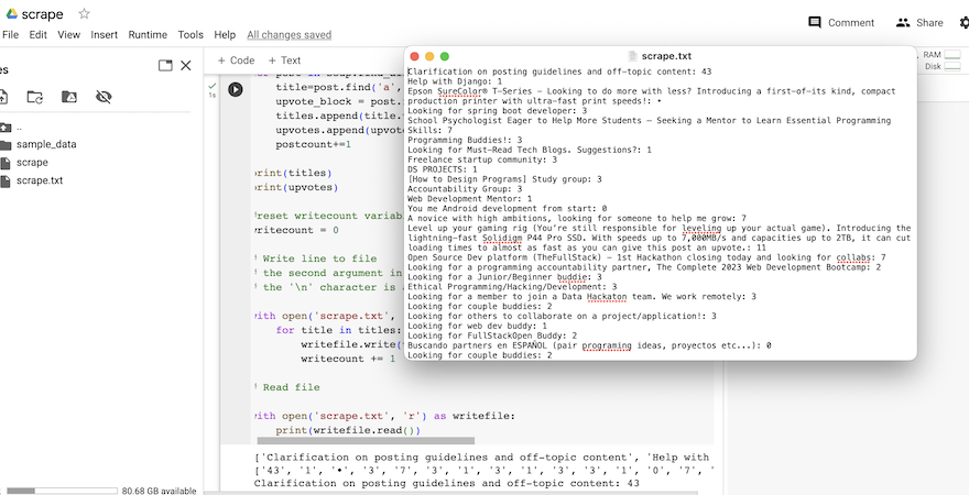 a screenshot of the output of a trial of scraping